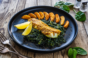 Fish dish - roast cod fillet with potatoes and spinach served on stone plate on wooden table

