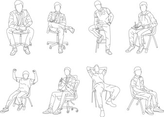 Set of man sitting on a chair line art with white background, illustration line drawing.