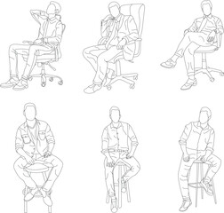 Set of man sitting on a chair line art with white background, illustration line drawing.