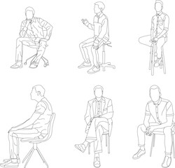 Set of man sitting on a chair line art with white background, illustration line drawing.