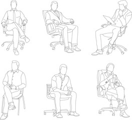 Set of man sitting on a chair line art with white background, illustration line drawing.