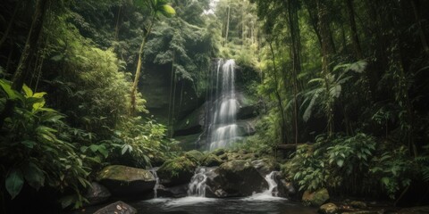 A breathtaking waterfall in a lush tropical forest | generative AI