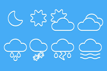Vector icon collection for weather forecast reports, featuring clean and simple icons for sunny, rainy, cloudy, snowy, and overcast days. Perfect for use in weather apps, websites, widgets for web 