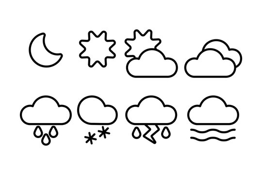 Vector icon collection for weather forecast reports, featuring outline and flat icons for sunny, rainy, cloudy, snowy, and foggy days. Perfect for use in weather apps, websites, and buttons for web