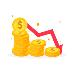 golden dollar coins stack and down arrow. Flat vector icon isolated on white. Economy, finance, money symbol. Currency pictogram. Vector illustration. decrease
