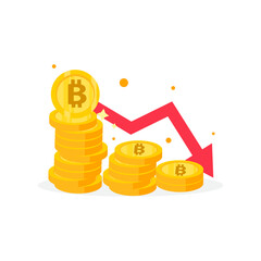 golden bitcoin coins stack and down arrow. Flat vector icon isolated on white. Economy, finance, money symbol. Currency pictogram. Vector illustration. decrease

