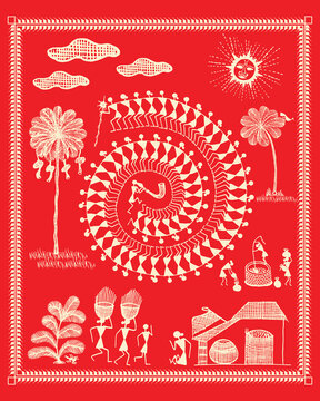 The great warli folk painting showing indian tradition and life. True life in indian village. Bird and Tree Warli Painting, Wallpaper illustration Vector warli art.