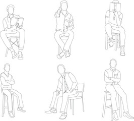 Set of man sitting on a chair line art with white background, illustration line drawing.