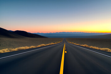 Fototapeta na wymiar Empty long nevada mountain road to the horizon on a sunny summer day at bright sunset