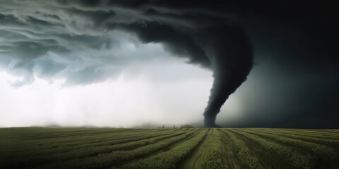 Super Cyclone or Tornado forming destruction over green landscape. Generative AI