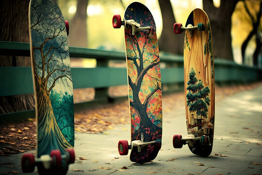 Three skateboards with images on them in a fall park, Generative AI