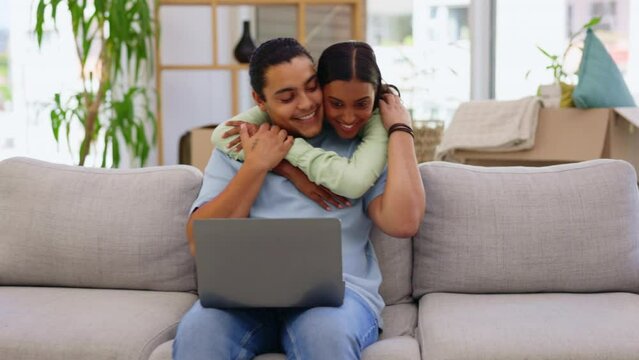 Love, hug and couple with laptop, bonding and social media in lounge happiness and relax together. Happy man, Indian woman and embrace, device and technology in living room care or loving in new home