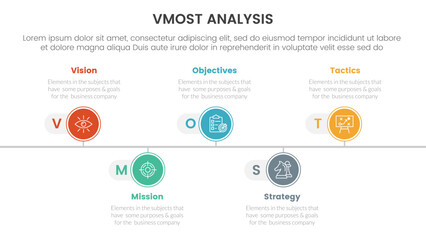 vmost analysis model framework infographic 5 point stage template with timeline point right direction information concept for slide presentation