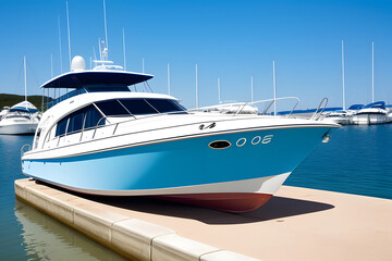 Fototapeta premium Boat Moored On Harbor Against Clear Blue Sky