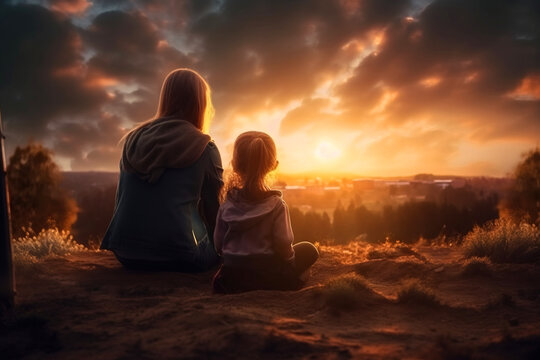 On mother's day, mother and daughter sit on the beach at sunset. Fictional person created with generative AI.