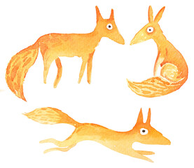 Set of watercolor foxes in motion.Fox illustration with watercolor.Hand drawn illustration.Clipping Paths.Cute dog painting.