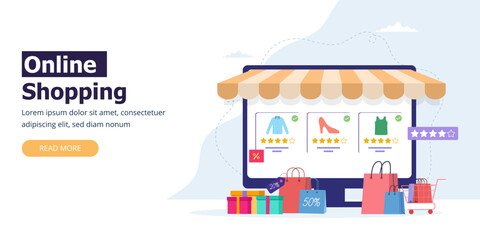 Shopping Online on Website application, Ordering on computer screen with shopping bag, gift boxes, horizontal banner for web page, website.