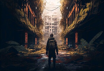 Obraz na płótnie Canvas modern concept artwork of a person wandering through an abandoned apocalyptic city overgrown by plants. Generative AI