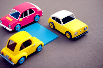 Wooden toy cars with yellow, blue and pink colors; white background