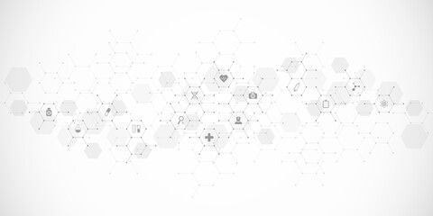 Obraz premium Medical background and healthcare technology with flat icons and symbols