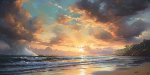 Foto auf Alu-Dibond Oil painting illustration depicting a serene scene, sunset at a beautiful beach, clouds in the sky and pristine sand - generative ai © Infinite Shoreline