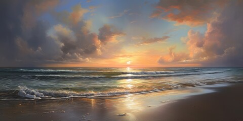 Oil painting illustration depicting a serene scene, sunset at a beautiful beach, clouds in the sky and pristine sand - generative ai