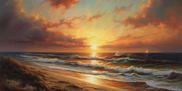 Oil painting illustration depicting a serene scene, sunset at a beautiful beach, clouds in the sky and pristine sand - generative ai