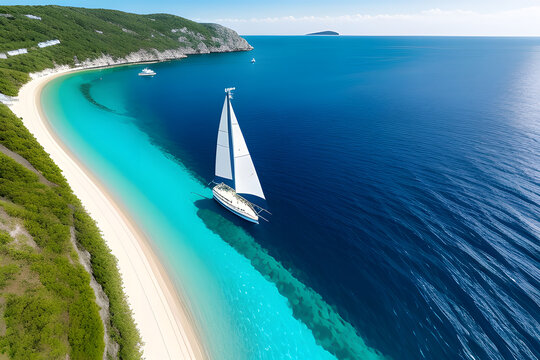 Top view of sailing luxury yacht at opened sea at sunny day in Croatia