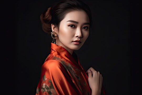 Fictional Asian Fashion Model, studio photography photoshoot, wearing glamorous clothing - generative ai