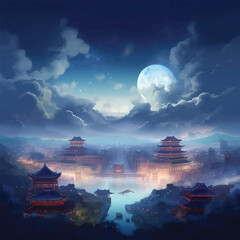 Fototapeta premium Twinkling Stars and a Soft Moonlight: A Stunning Digital Illustration of an Ancient City