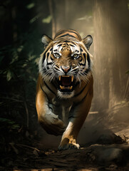 Fototapeta premium Angry tiger roaring and charging, forest wildlife action shot - generative AI