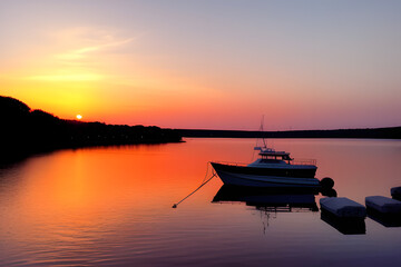 Fototapeta na wymiar Boat Moored In River Against Sky During Sunset