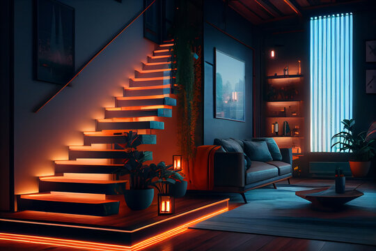 Wooden stairs with neon light illumination in loft. Interior, beautiful loft, hardwood floor, view living room