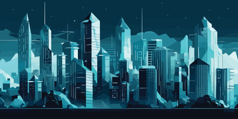 A Bold and Modern Skyscraper City Illustration: Flat Graphic Style with Strong Contrast of Light and Shadows in Blue