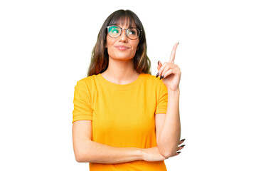 Young caucasian woman over isolated chroma key background pointing up a great idea