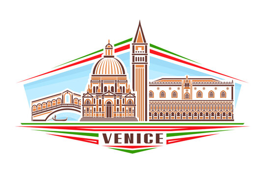 recommend clip art: Vector illustration of Venice, horizontal badge with simple linear design famous venice city scape on day sky background, european historical line art concept with decorative lettering for text venice
