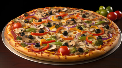 Pizza Veggie - A delicious Italian pizza with mozzarella, olives, sausage and vegetables on a black background. Unhealthy eating at its finest!