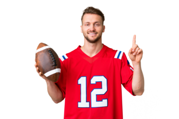 Young caucasian man playing rugby over isolated chroma key background pointing up a great idea