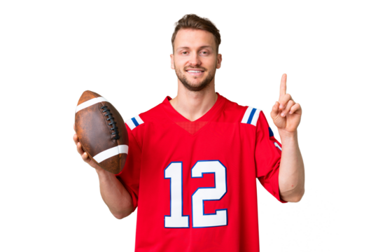 Young caucasian man playing rugby over isolated chroma key background pointing up a great idea