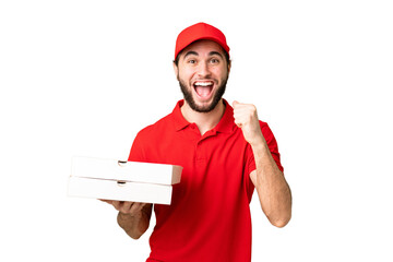 pizza delivery man with work uniform picking up pizza boxes over isolated chroma key background...