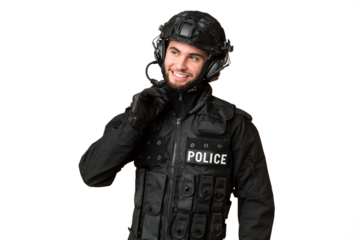SWAT over isolated chroma key background thinking an idea while looking up