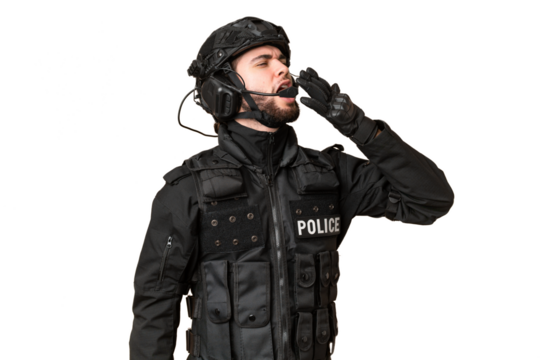 SWAT over isolated chroma key background yawning and covering wide open mouth with hand