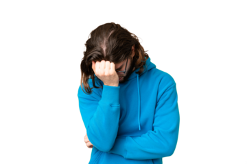 Young handsome man over isolated chroma key background with headache