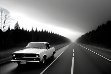 Fototapeta na wymiar Black and white image of a car parked in middle of road in foggy moody forest