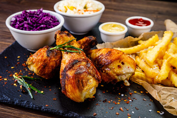 Barbecued chicken drumsticks with French fries, lettuce, tomatoes and ketchup on wooden table 