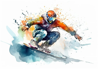 Watercolor abstract illustration of Snowboarding. Snowboarding in action during colorful paint splash, isolated on white background. AI generated illustration.