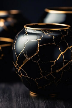 Premium AI Image  Kintsugi vase with cracks bowl tablware ceramics  Japanese technique of tableware restoration Beauty of imperfection Gold  lines Wabi Sabi philosophy Generative AI