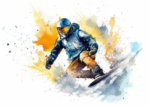 Watercolor abstract illustration of Snowboarding. Snowboarding in action during colorful paint splash, isolated on white background. AI generated illustration.