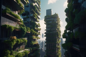 Obraz premium Futuristic green city with eco high buildings with gardens on terraces. AI Generated.