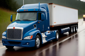 Big rig bonnet blue semi truck transporting cargo in covered bulk semi trailer running on the wet glossy road with raining weather evening